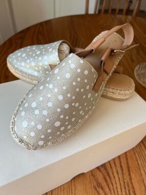 Anthropologie Tan Espadrille Slingbacks with White Polka Dots
